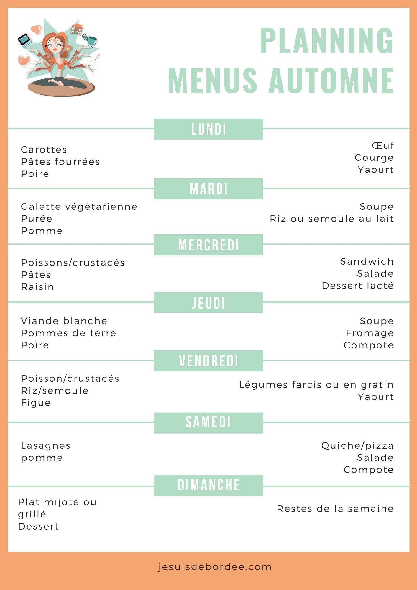 Le planning des menus d'automne encore plus complet Je suis débordée