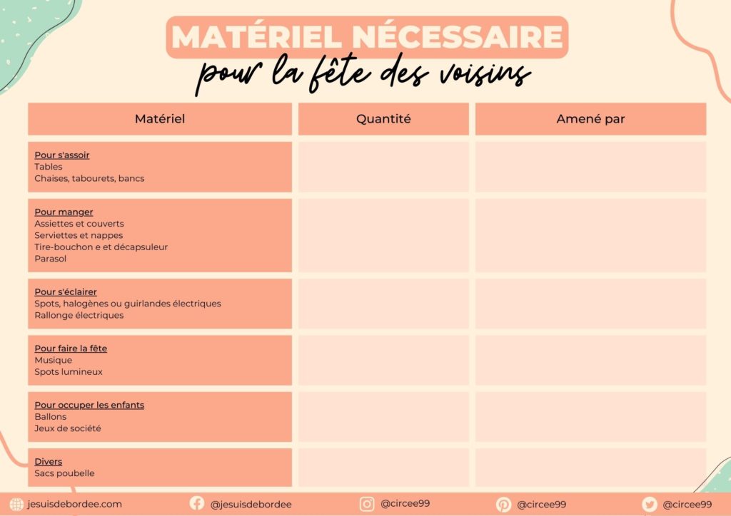 Liste du matériel pour la fête des voisins