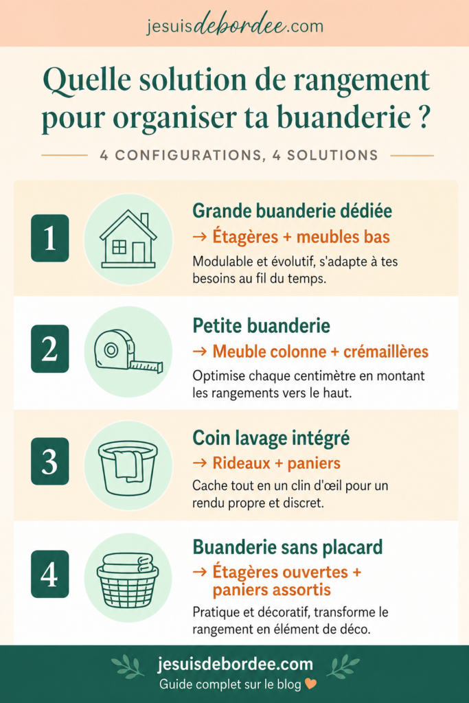 nfographie : quelle solution de rangement choisir pour organiser sa buanderie selon sa configuration, grande buanderie, petite buanderie, coin lavage intégré