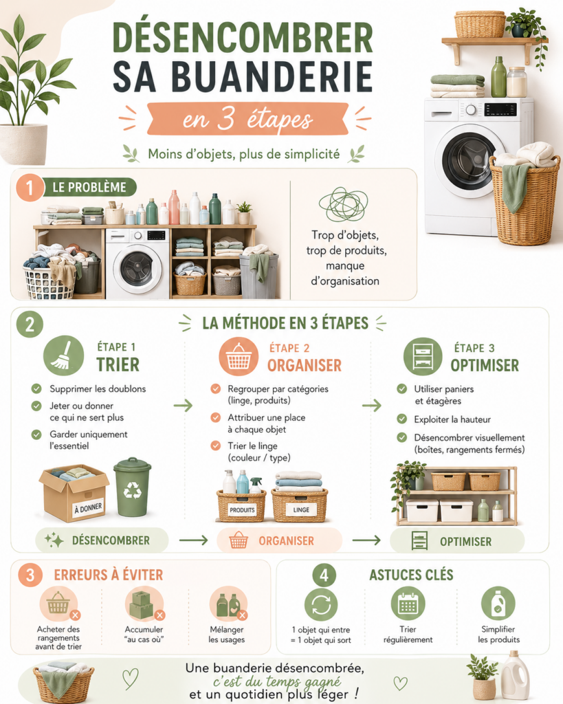 Infographie désencombrer sa buanderie en 3 étapes : trier, organiser, optimiser, avec les erreurs à éviter et les astuces clés