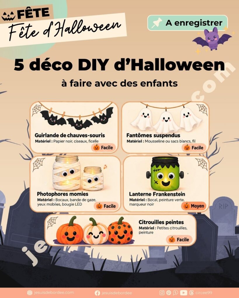 5 déco DIY d'Halloween à faire avec les enfants : chauves-souris, fantômes, momies, lanterne Frankenstein et citrouilles peintes