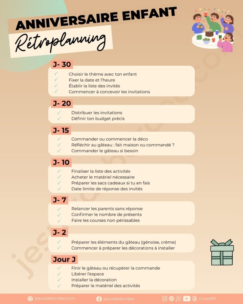 rétroplanning pour organiser anniversaire fête enfant