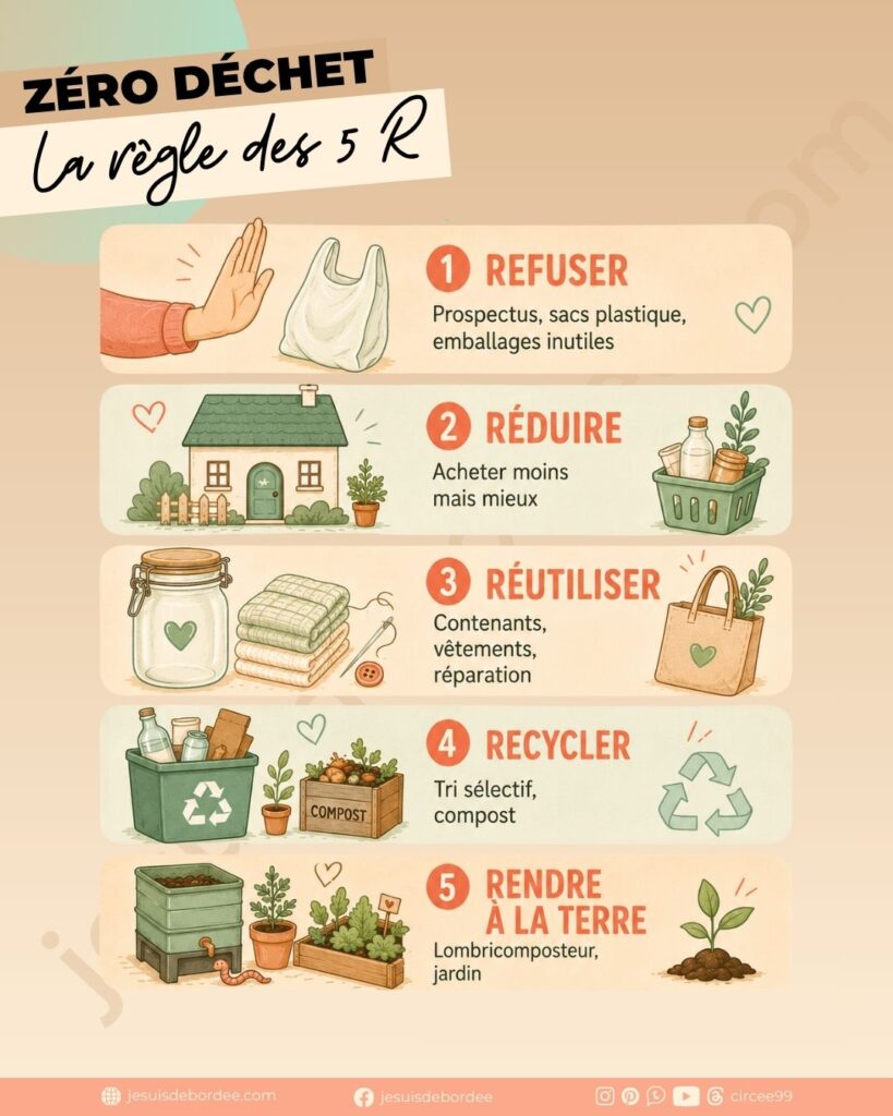 Infographie règle des 5R zéro déchet maison : Refuser, Réduire, Réutiliser, Recycler, Rendre à la terre