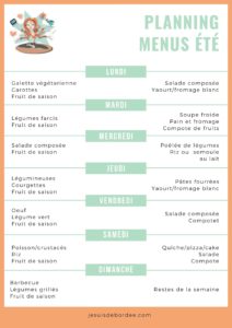 planning de menus d'été
