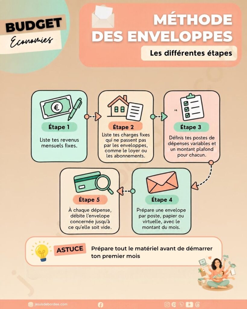 Infographie en 5 étapes pour démarrer le budget avec des enveloppes : lister ses revenus fixes, lister ses charges fixes, définir ses postes de dépenses variables, préparer une enveloppe par poste, et débiter chaque enveloppe à chaque dépense.