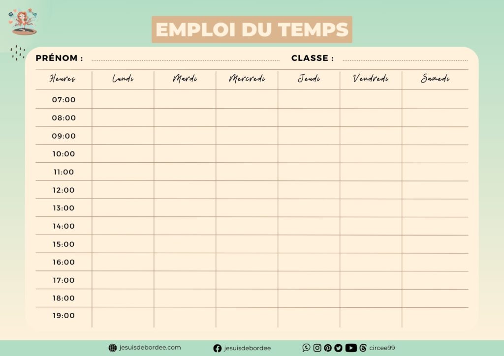emploi du temps à remplir