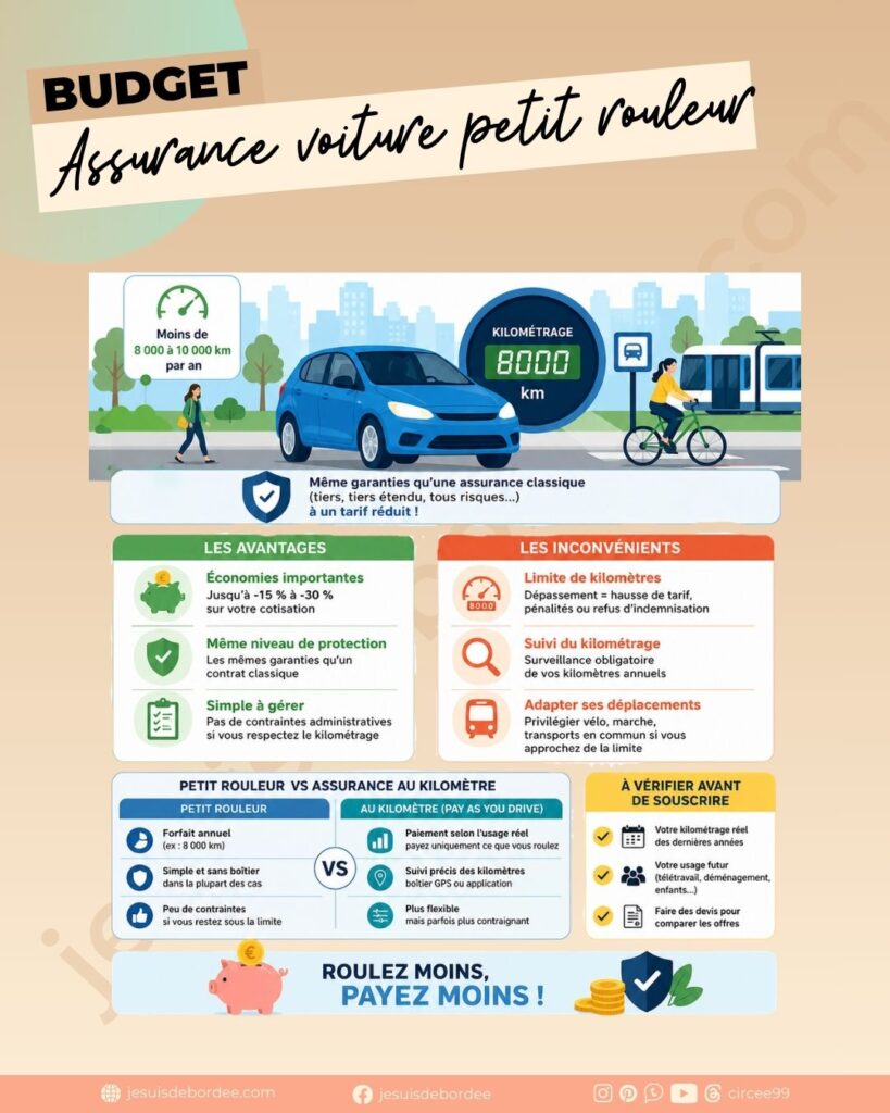 infographie sur les avantages et inconvénients d'une assurance voiture petit rouleur pour un petit budget