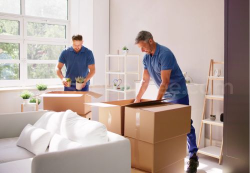 Deux déménageurs professionnels en polo bleu qui emballent des cartons dans un salon. comment choisir son déménageur professionnel