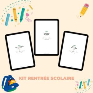 Kit organisation rentrée scolaire à imprimer : aperçu des 3 fiches PDF (fournitures, cartable, planning) sur tablette