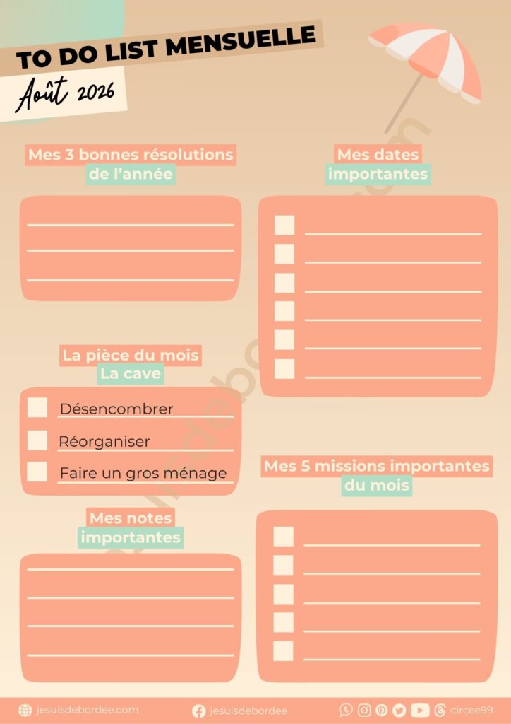 To do list mensuelle à imprimer pour le mois d'août 2026, mission du mois : désencombrer sa cave