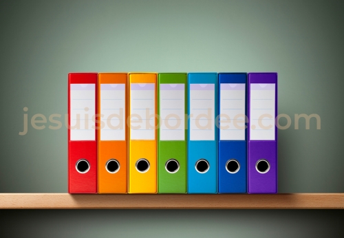 Classeurs colorés rangés sur une étagère pour ranger ses papiers administratifs par thème