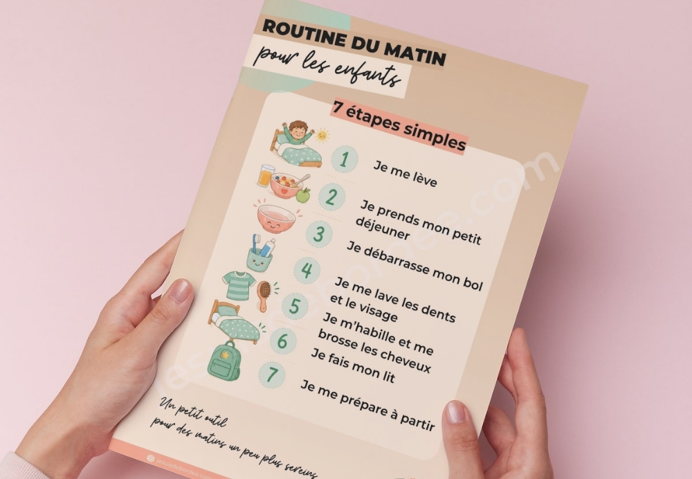 Fiche routine du matin pour enfants à imprimer, tenue dans les mains, avec les 7 étapes illustrées