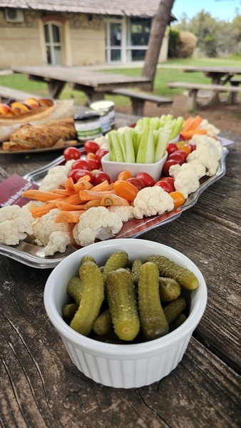 Pique-nique préparé sur une table en bois près du centre du Scamandre, avec crudités et cornichons