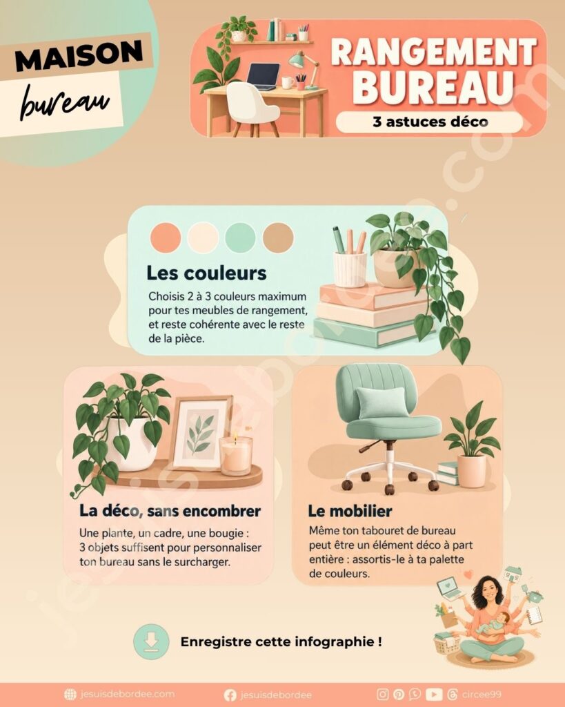Infographie rangement bureau : 3 astuces déco - couleurs, décoration sans encombrer et mobilier stylé
