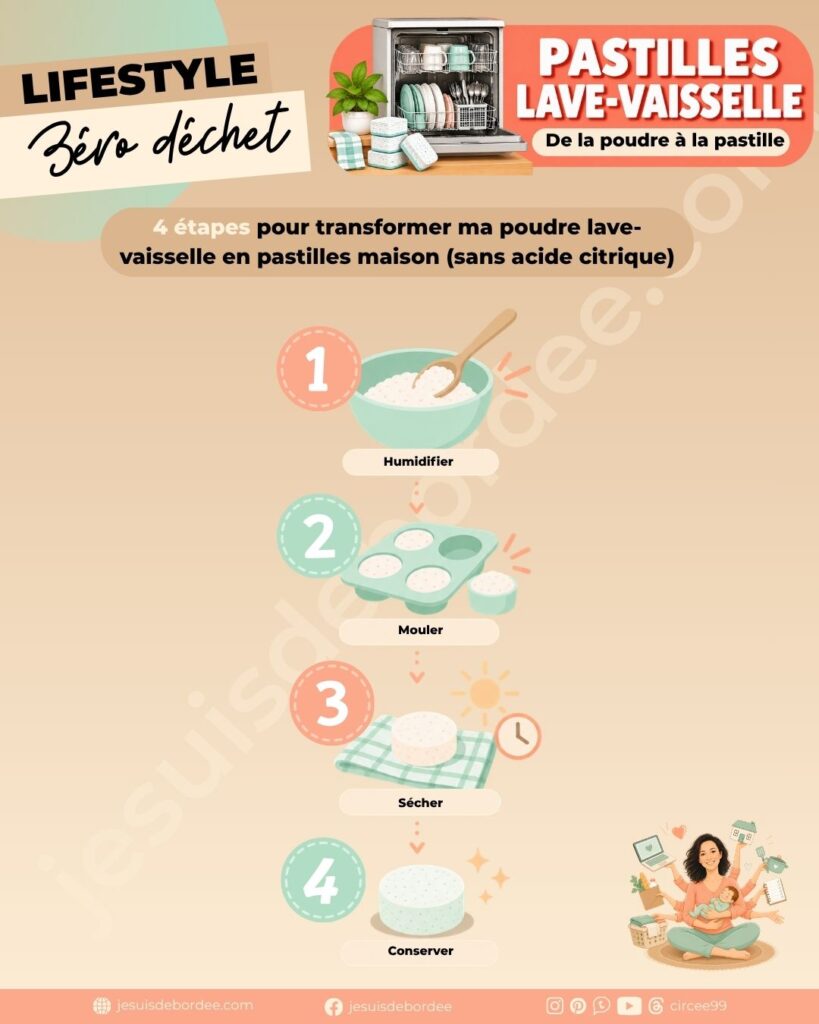 Infographie en 4 étapes pour transformer sa poudre lave-vaisselle maison sans acide citrique en pastilles : humidifier, mouler, sécher et conserver