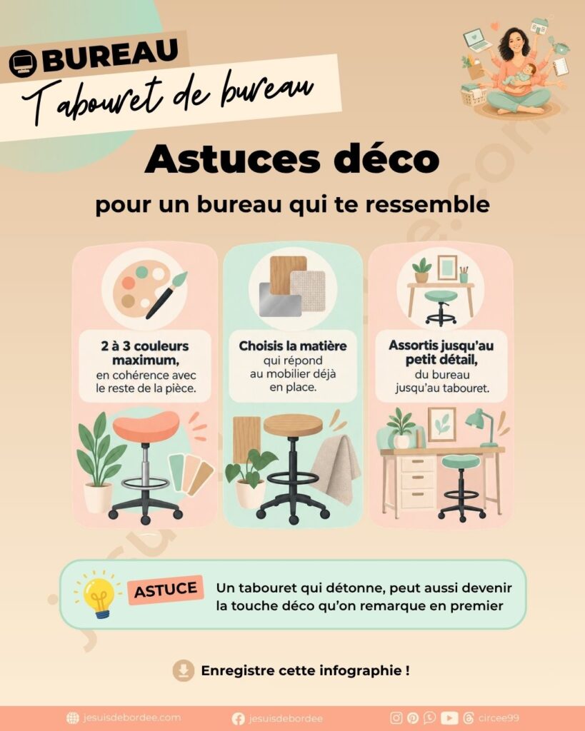 Infographie tabouret de bureau : 3 astuces déco pour l'harmoniser avec ton bureau