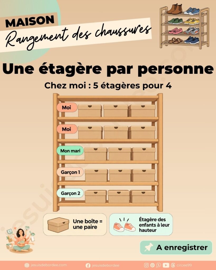 Infographie du rangement des chaussures en famille : une étagère par personne pour les parents et les enfants