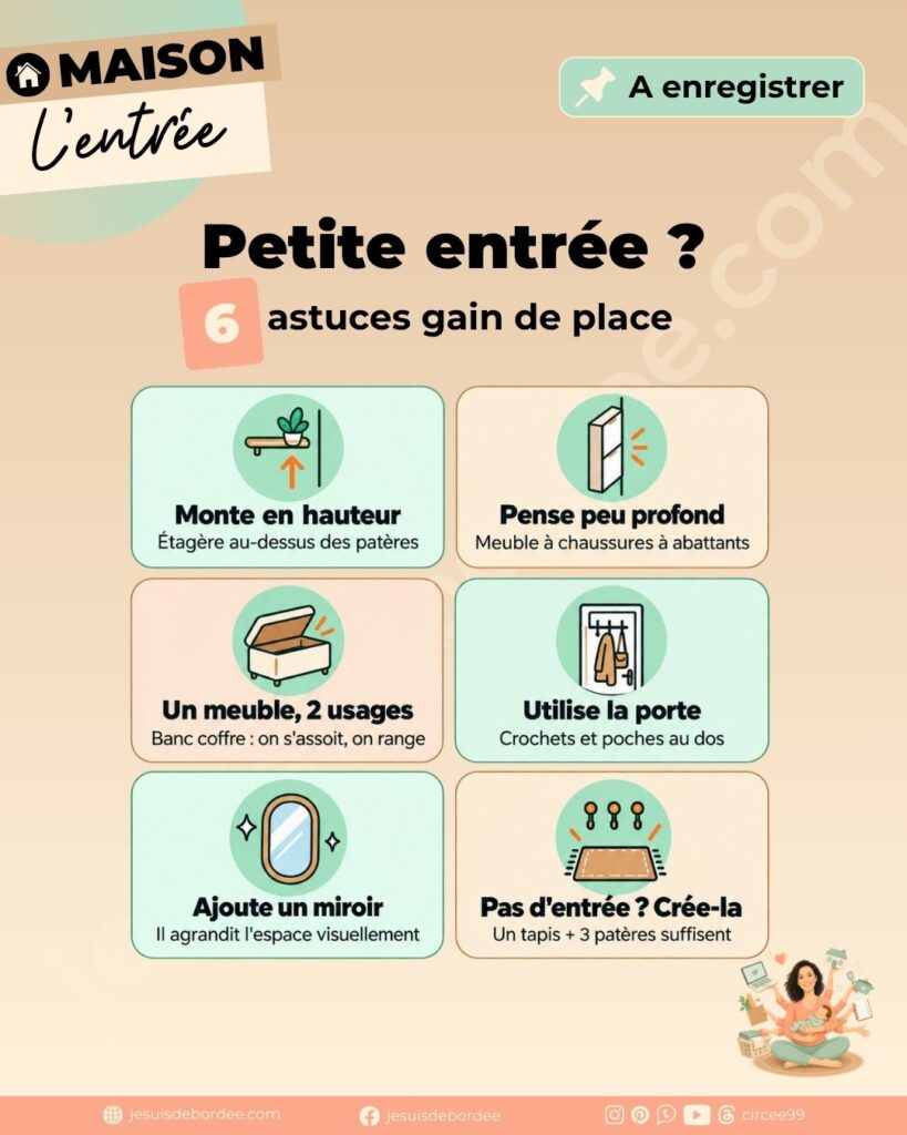 Infographie 6 astuces pour aménager une petite entrée : hauteur, meubles peu profonds, banc coffre, porte, miroir, tapis