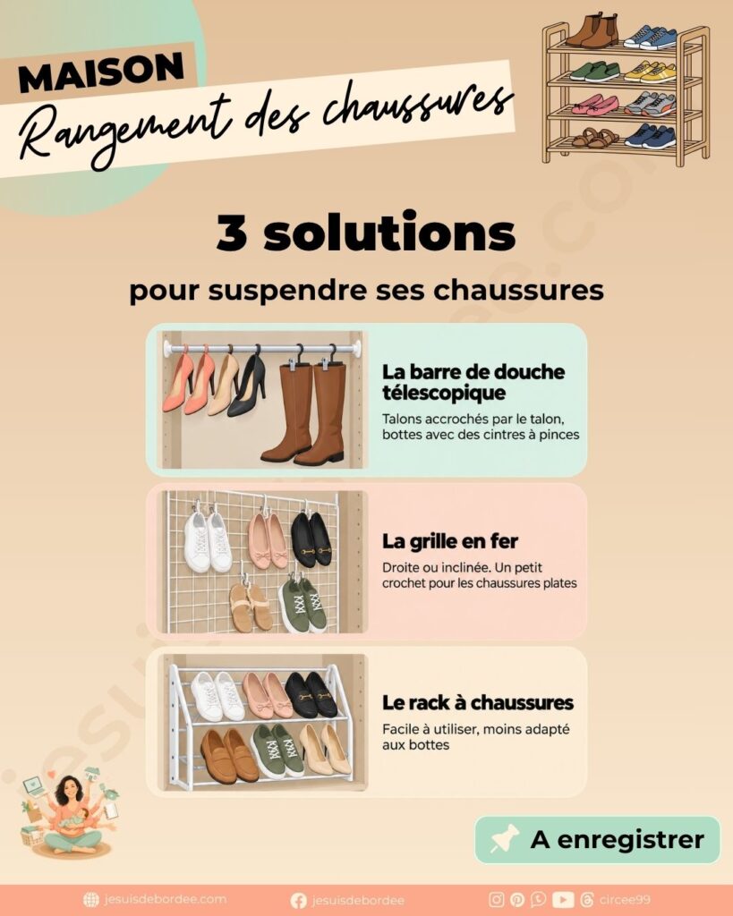Infographie des 3 solutions pour suspendre ses chaussures : barre de douche télescopique, grille en fer et rack