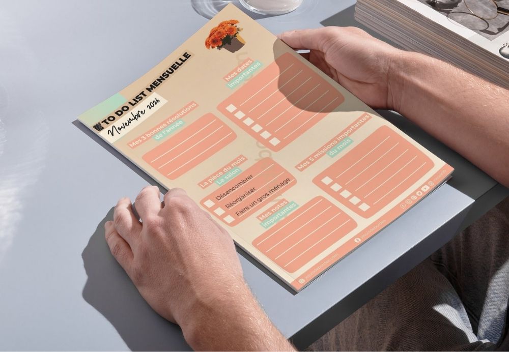 To do list novembre 2026 à imprimer tenue en main sur un bureau, planning du mois avec le salon comme pièce du mois