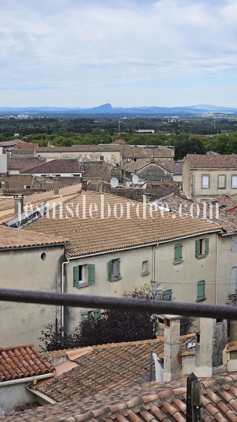 Vue panoramique sur les toits de Vauvert et le Pic Saint-Loup depuis la plateforme de la tour de l'horloge